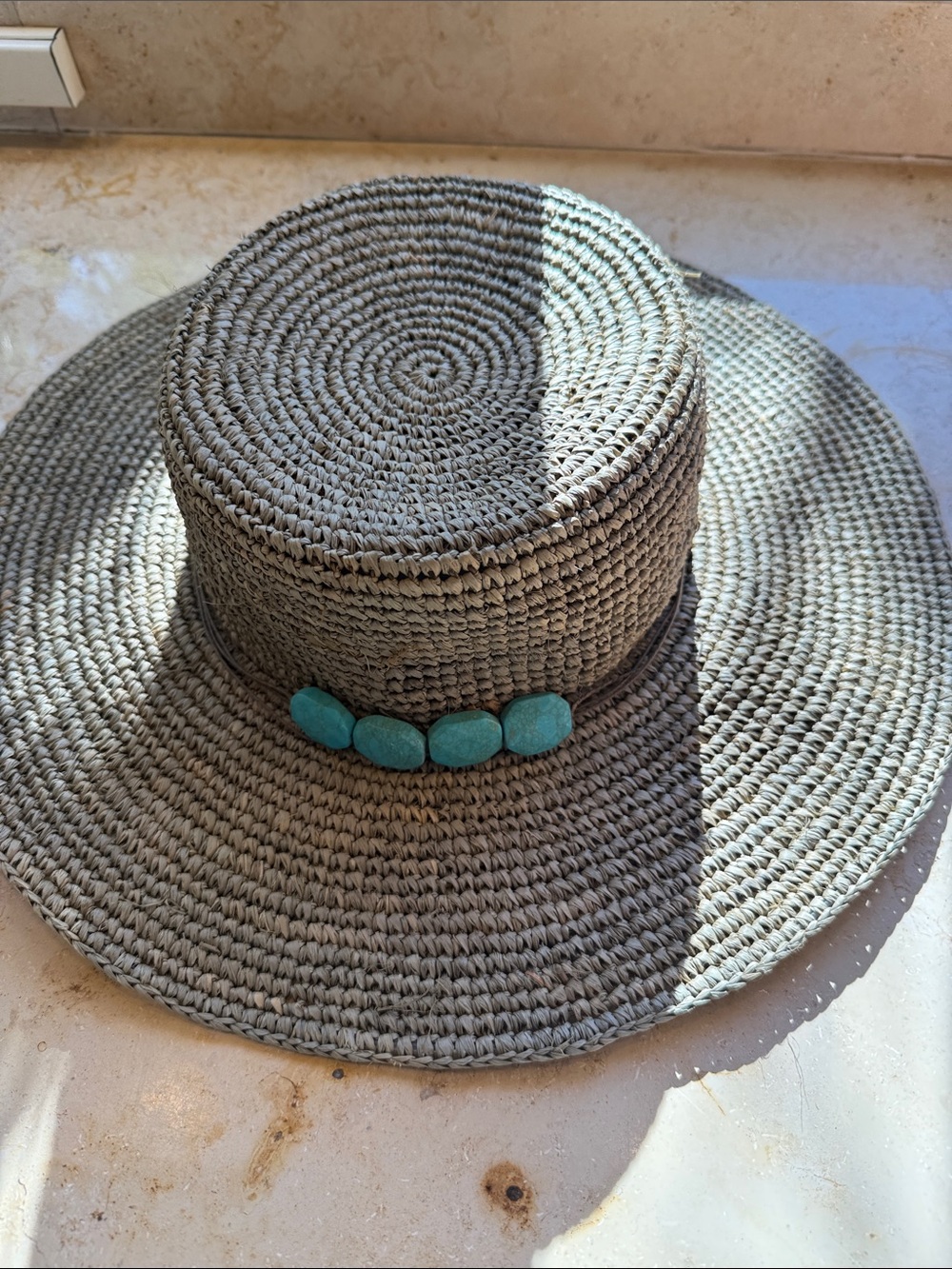 Hatattack Woven Straw Sun Hat with Turquoise Bead Trim